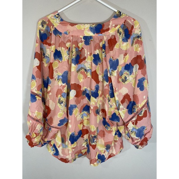 Shargano Womens MEDIUM Colorful Abstract Balloon Sleeves V Neck Button Up Blouse - Picture 8 of 11